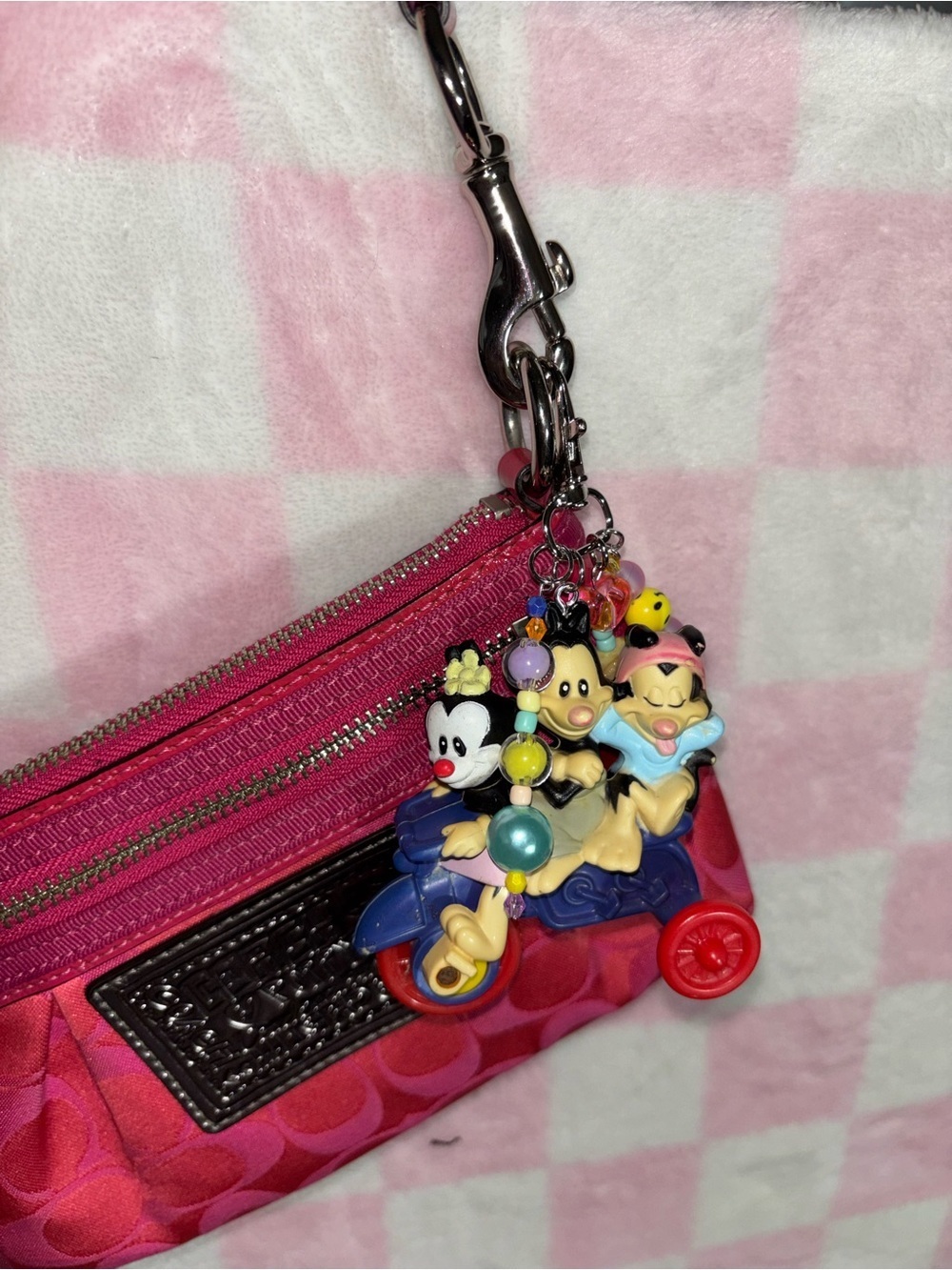 Sony Pink and Red Patterned Key & Card Holder with Character Charm Cluster